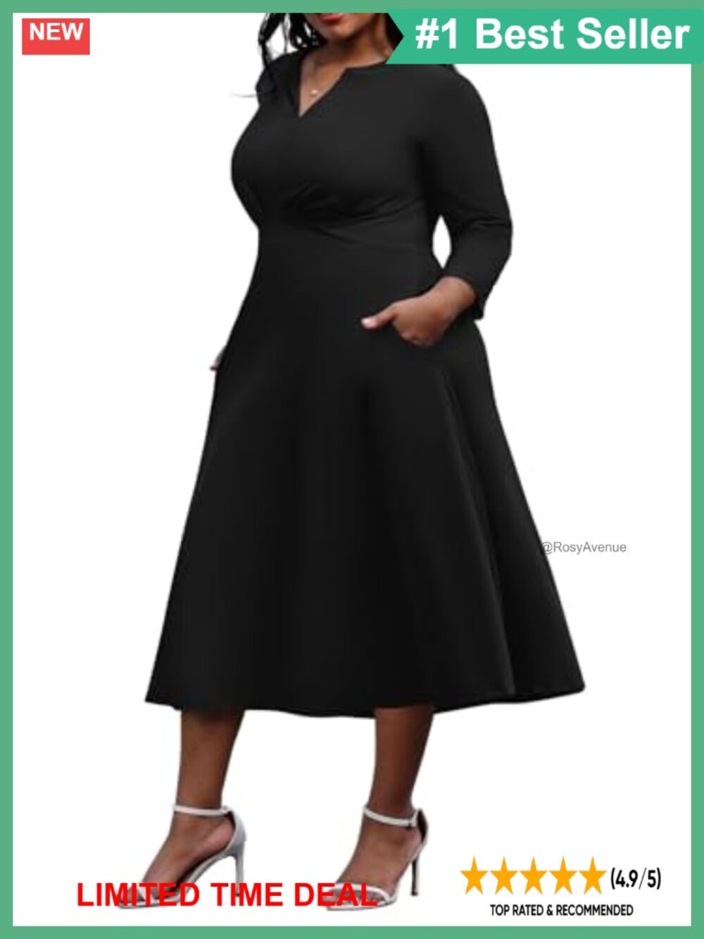 Plus Size A-Line Midi Dress 3/4 Sleeve V-Neck Flowy Semi Formal Work Casual